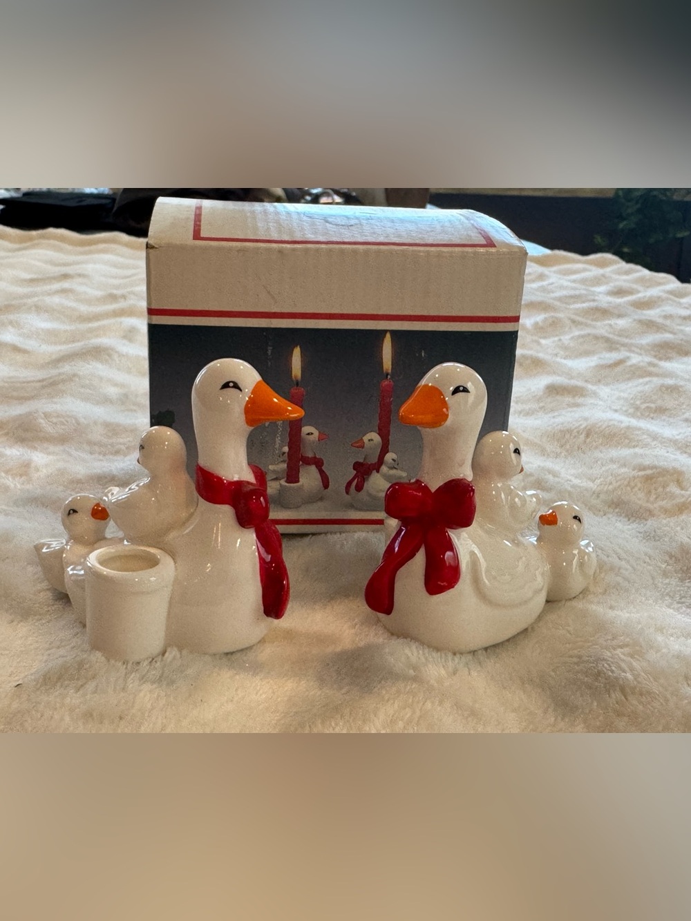 Set of vintage Christmas Geese Candle Holders with Box